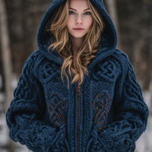 Women's Viking Celtic Knot Cozy Warm Knit Full Zip Hooded Sweater