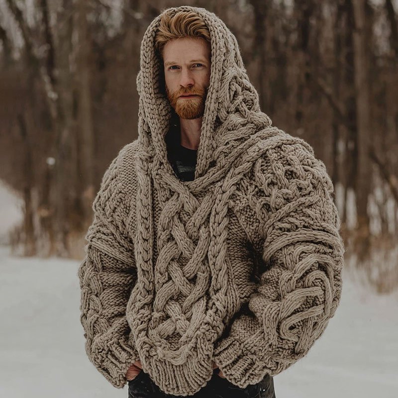 Vintage Celtic Knot Knit Zip-up Hooded Sweater - Image 2