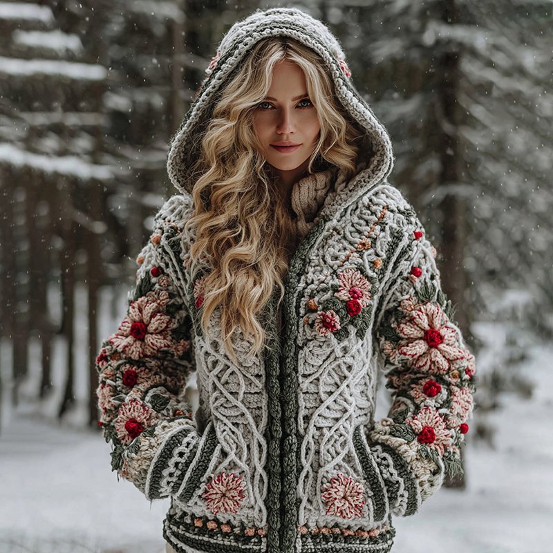 Women's Celtic Knot Christmas Flower Winter Violin Jacquard Zipper Hooded Sweater - Image 2