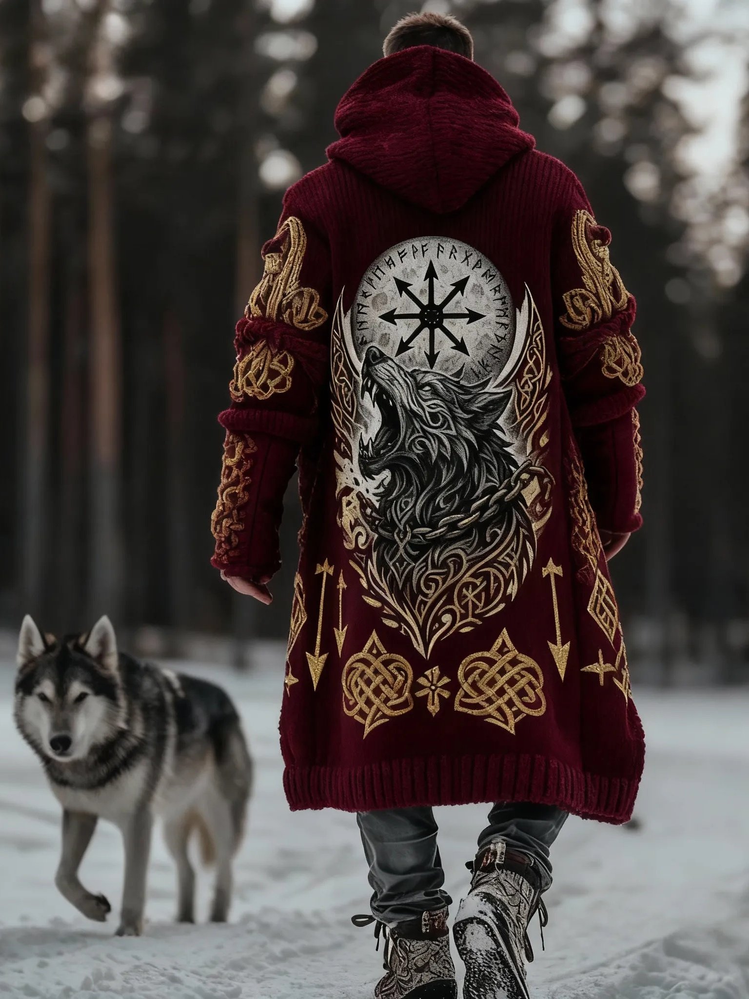 Men's Viking Style Compass Wolf Head Sweater Cardigan - Image 2