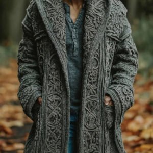 Men's Vintage Celtic Knot Jacquard Midi Hooded Sweater Cardigan