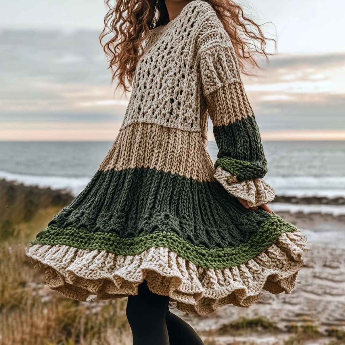 Women's Celtic Knotted Color Block Jacquard Crew Neck Sweater Dress - Image 2