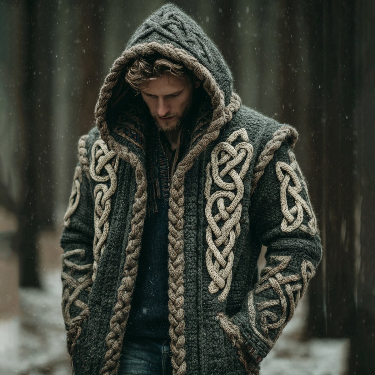 Men's Viking Intricate Celtic Knot Pocket Mid-length Cardigan Sweater - Image 2