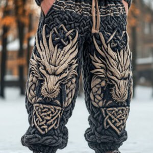 Men's Viking Dragon Celtic Knot Art Wide Leg Warm Knit Pants