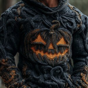 Halloween Pumpkin Emoji Men's Chunky Knit Hooded Sweater