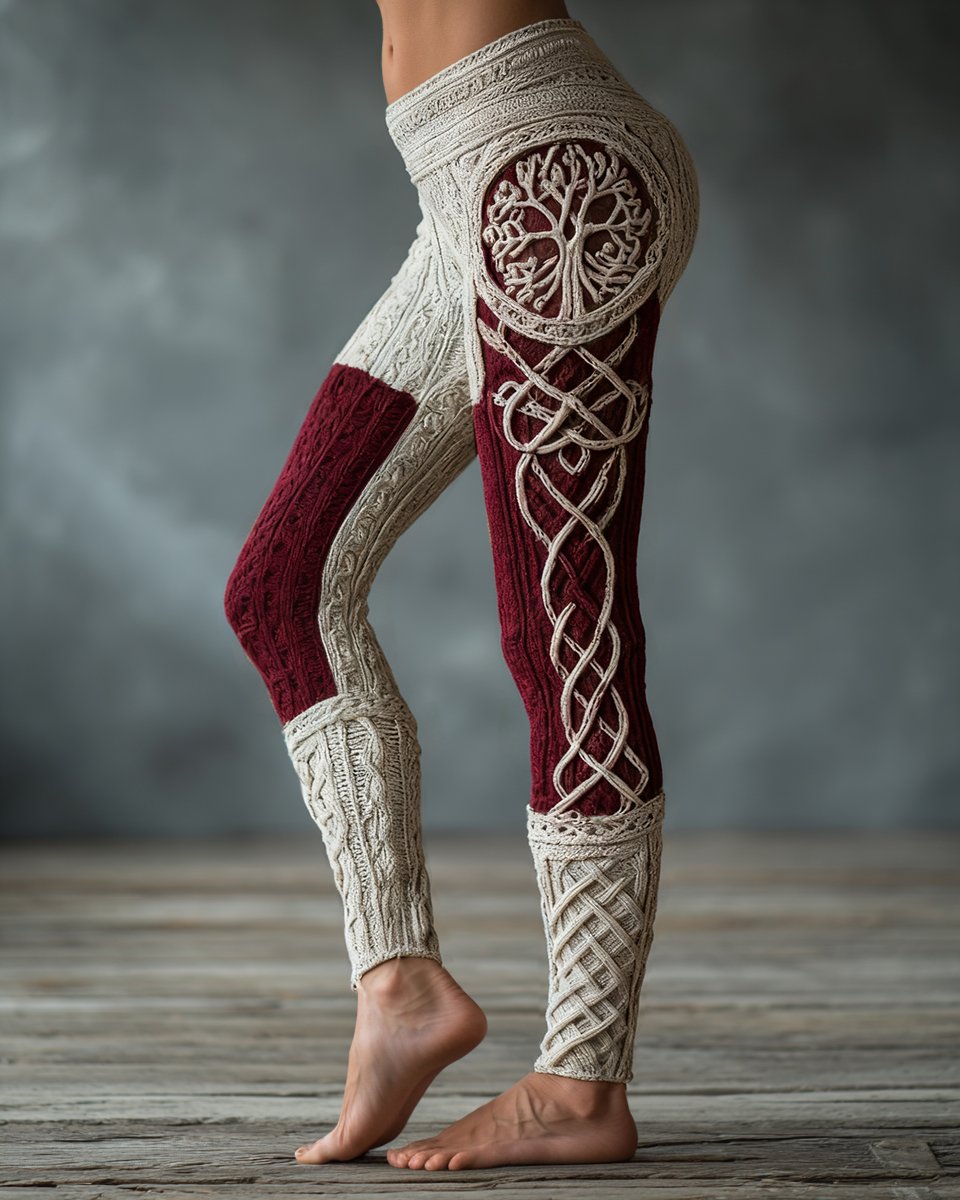 Vintage Viking Tree Of Life Celtic Knot Art Knit Jacquard Cozy Leggings - Image 6
