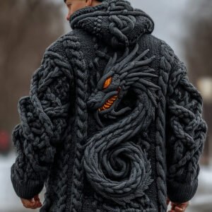 Men's Viking Celtic Dragon Knit Long Zip Hooded Sweater