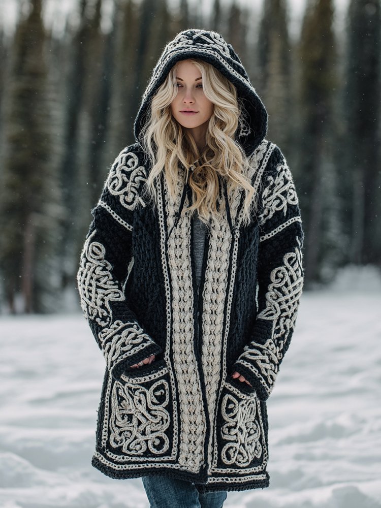 Women's Viking Celtic Knot Cozy Warm Knit Hooded Jacket