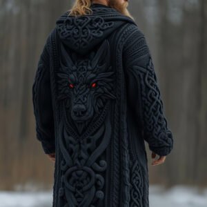 Men's Viking Celtic Knot Wolf Face Knitted Thick Long Hooded Sweater