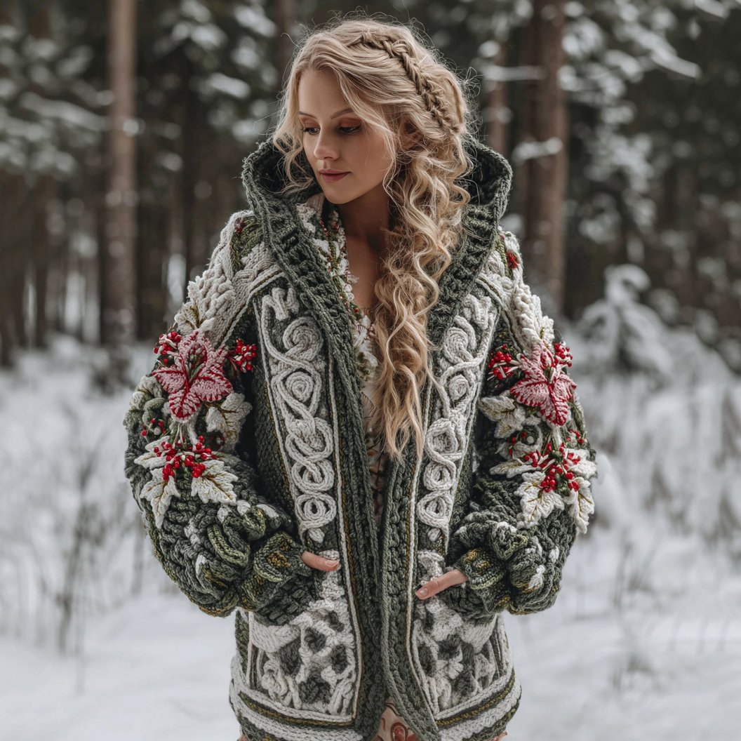 Women's Celtic Knot Christmas Flower Jacquard Button Chunky Hooded Sweater - Image 2