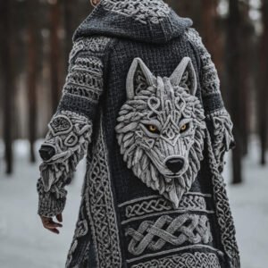 Men's Viking Style Celtic Knot Wolf Head Sweater Cardigan