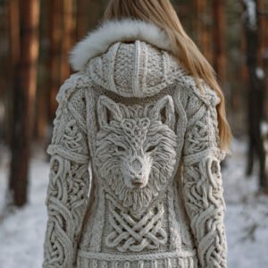 Women's Viking Wolf Celtic Knot Art Cozy Fur Collar Knit Hooded Sweater Jacket