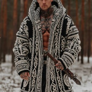Men's Viking Celtic Knot Contrast Jacquard Cozy Midi Cardigan Sweater