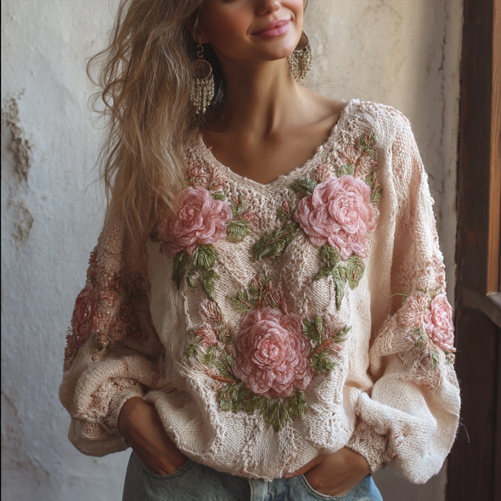 Women's Vintage Elegant Crochet Plant-patterned Warm Sweater - Image 2