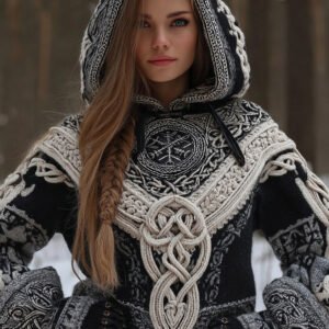 Women's Viking Celtic Knot Vegvisir Rune Knit Hooded Sweater