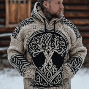 Men's Viking Style Tree Of Life Thick Needle Warm Hooded Sweater