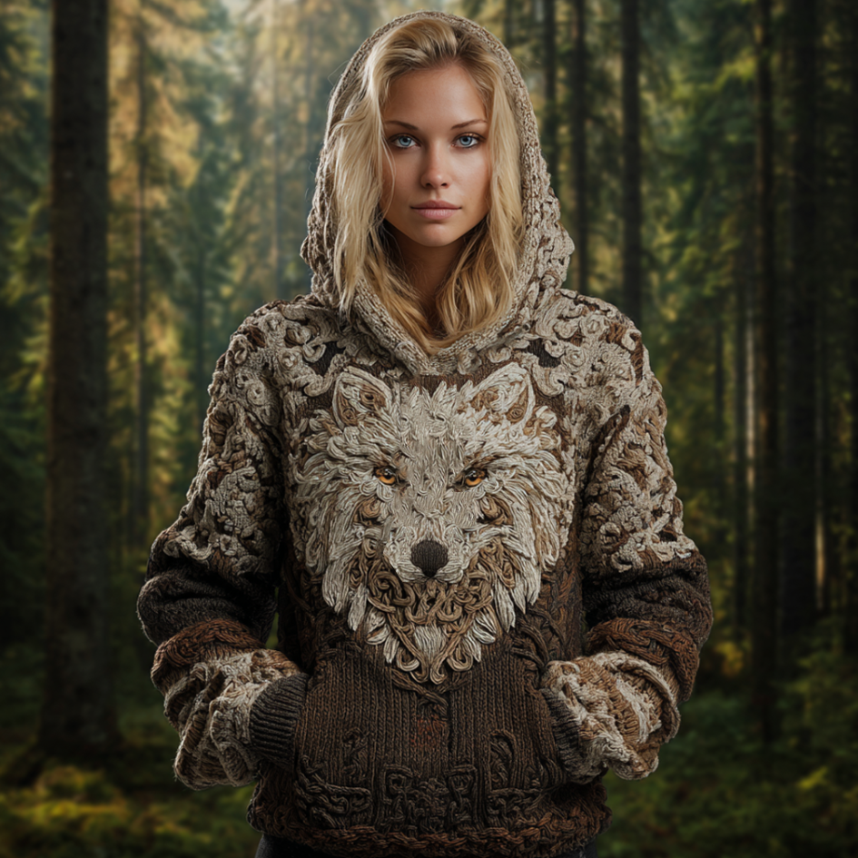 Viking Retro Style Wolf Element Women's Hooded Knit Sweater - Image 2