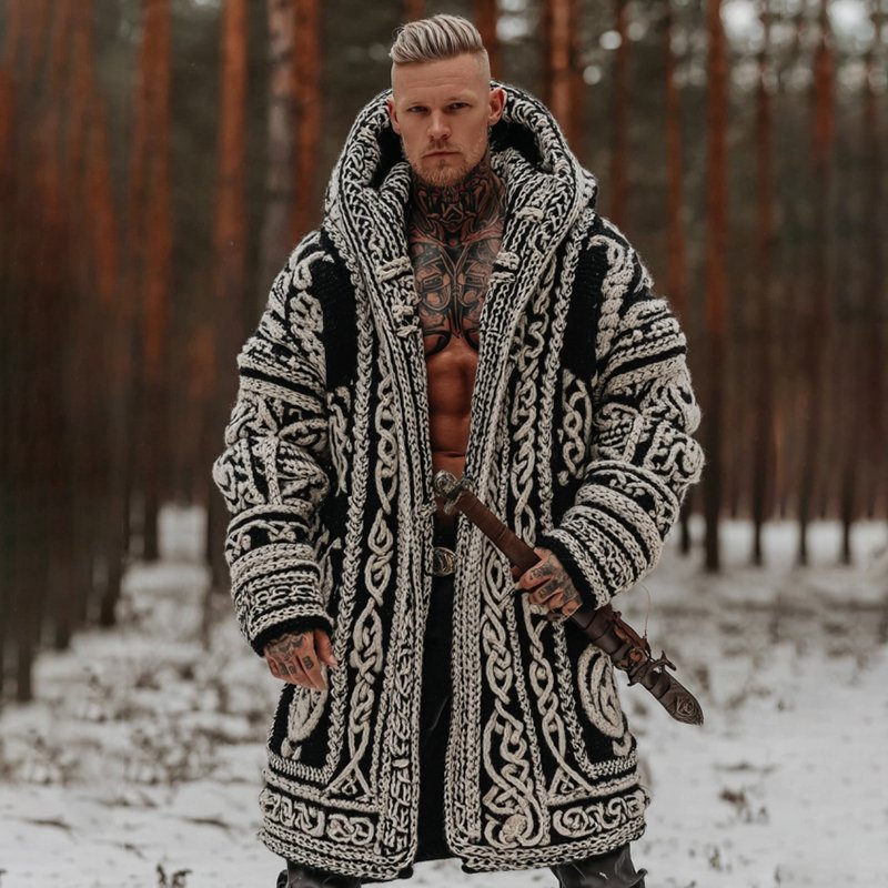 Men's Viking Celtic Knot Contrast Jacquard Cozy Midi Cardigan Sweater - Image 2
