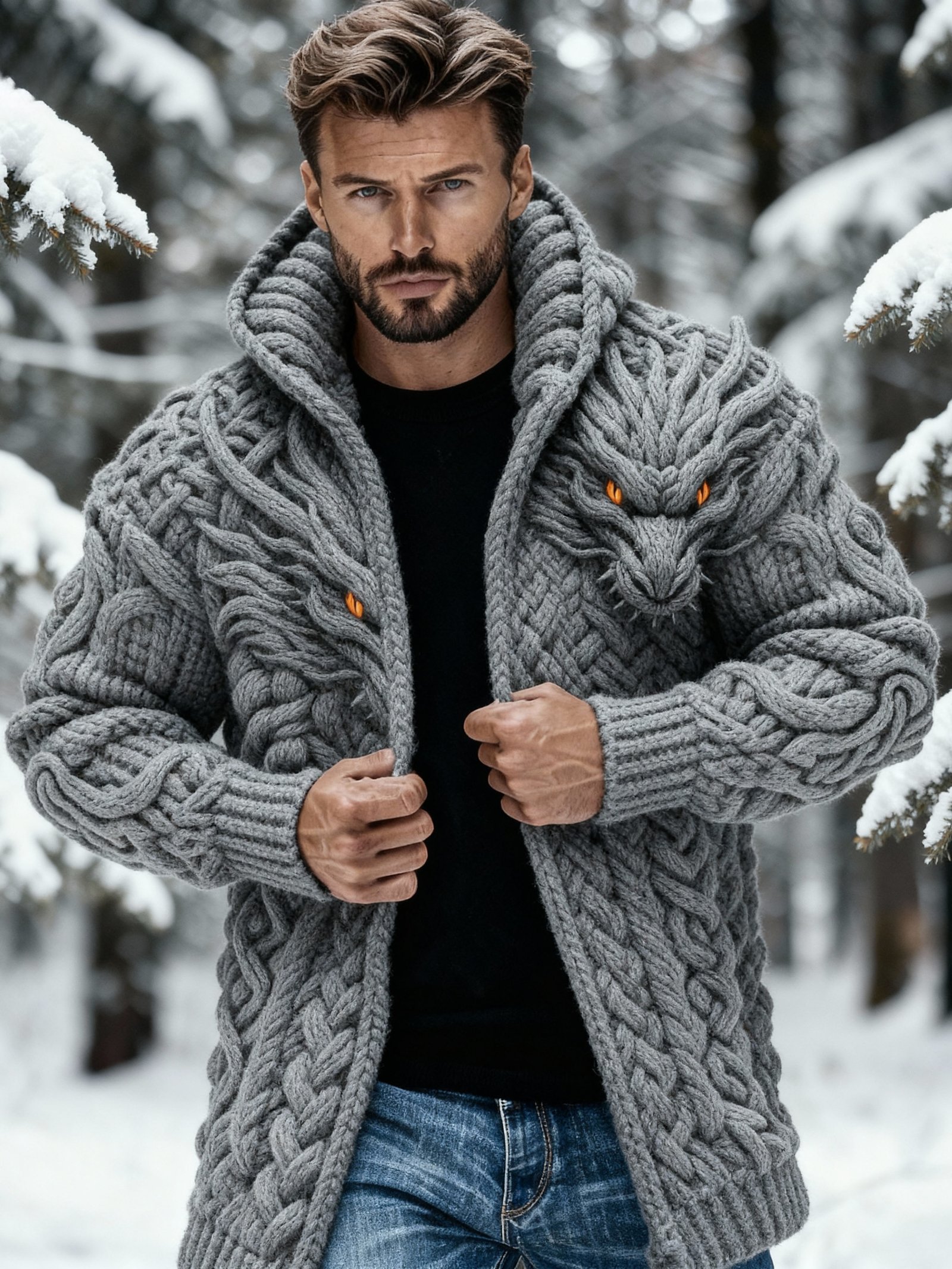 Men's Retro Wolf Head Celtic Knot Jacquard Chunky Knit Mid-Length Cardigan Sweater - Image 3