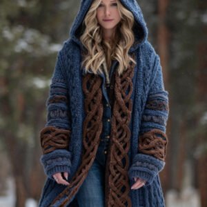 Women's Vintage Viking Celtic Knot Art Warm Knit Hooded Jacket