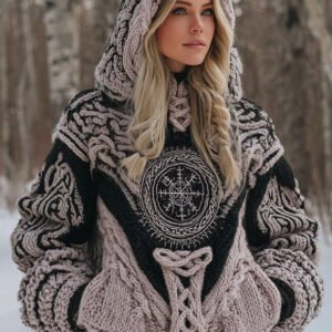 Women's Viking Celtic Knot Vegvisir Rune Knit Hooded Sweater