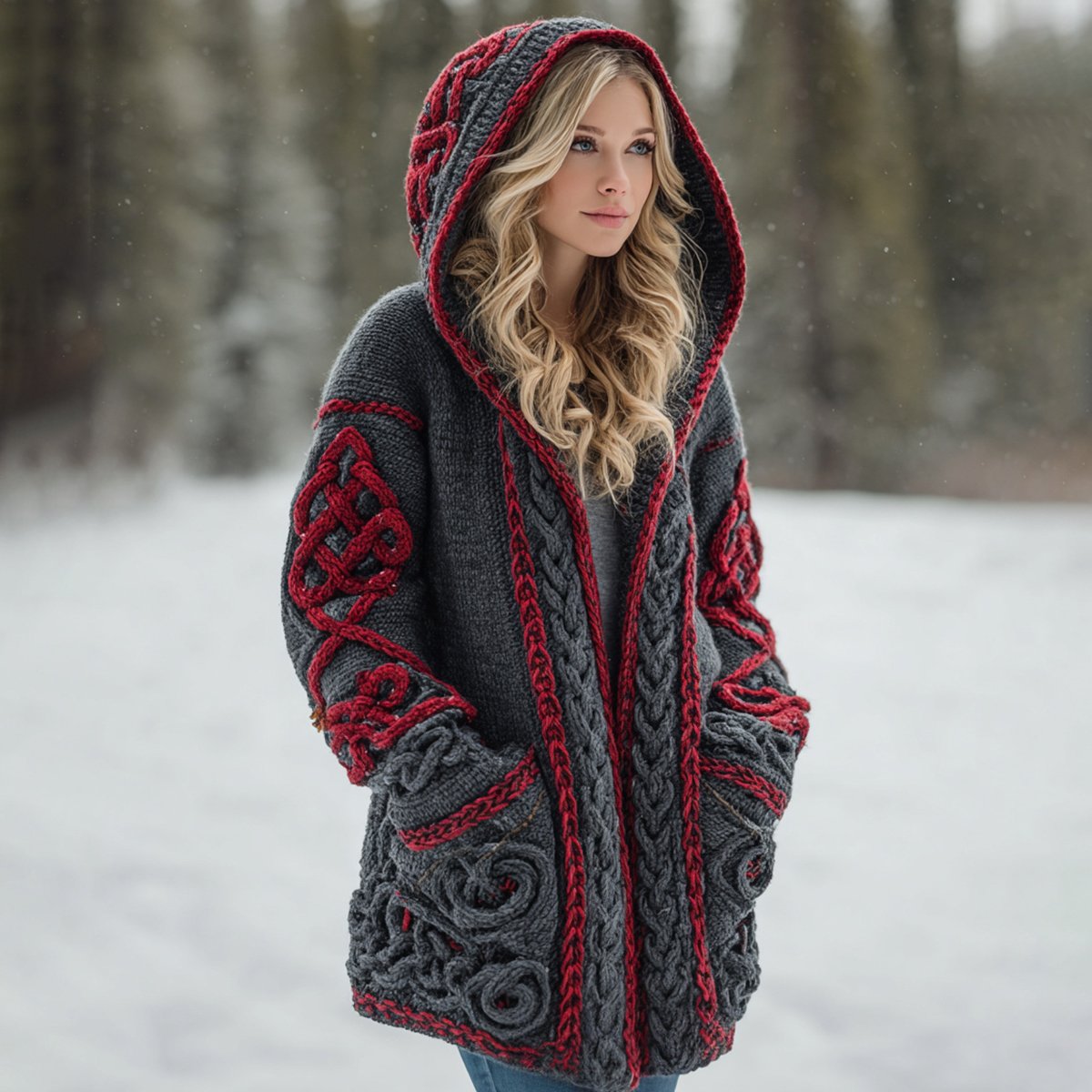 Women's Viking Celtic Knot Art Warm Knit Hooded Jacket - Image 2