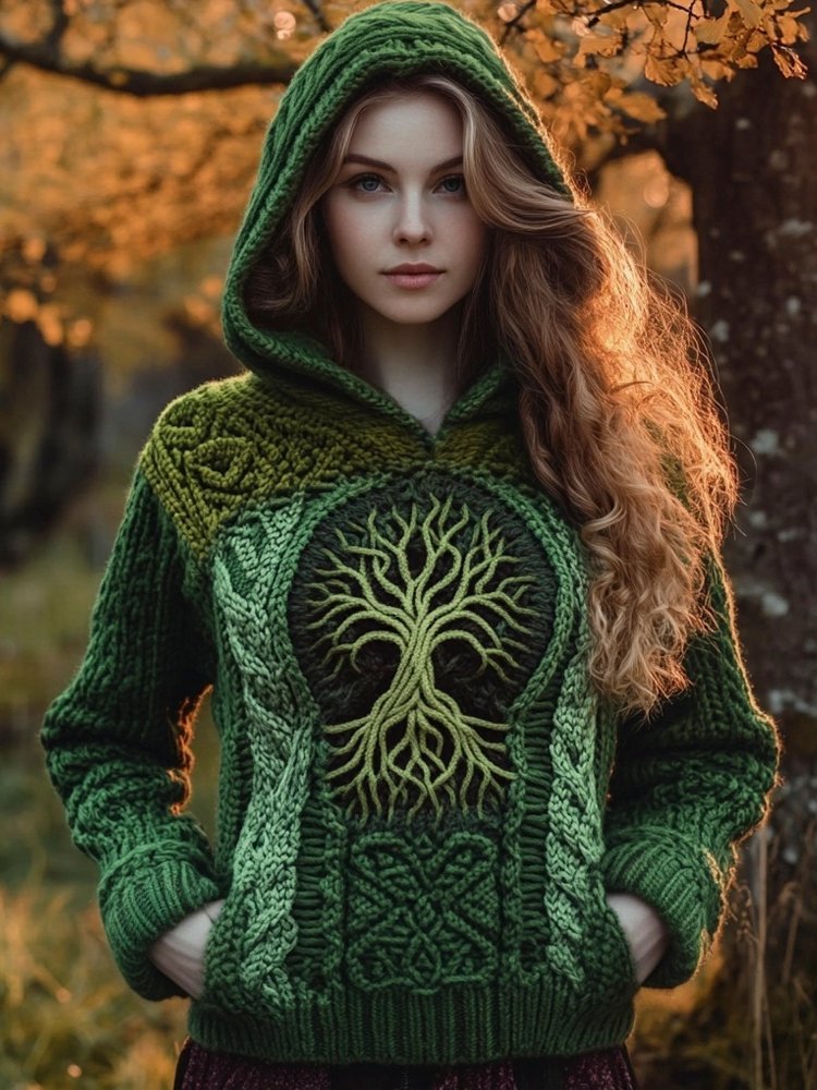 Viking Tree Of Life Knit Pattern Women's Hooded Sweater