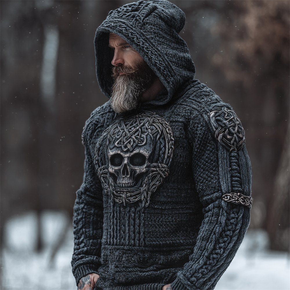 Viking Skull Men's Chunky Knit Hooded Sweater - Image 2