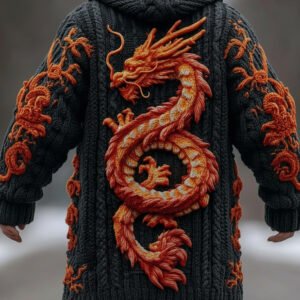 Men's Viking Dragon Art Thick Long Knit Cardigan Sweater