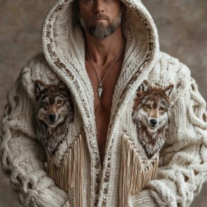 Men's Vintage Western Wolf Tassels Chunky Hooded Cardigan