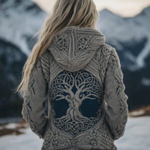 Viking Tree Of Life Pattern Celtic Knit Cozy Hooded Sweater
