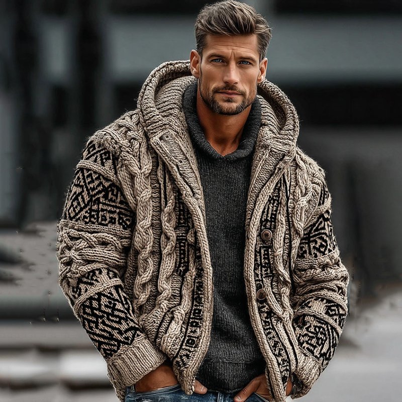 Men's Viking Tribal Art Jacquard Cozy Cardigan Sweater - Image 2