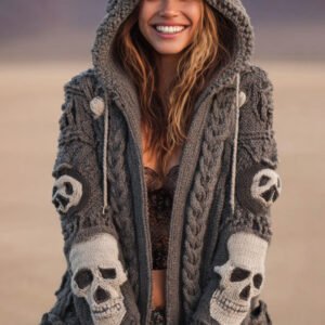 Women's Skull Embroidery Gray Vintage Hooded Sweater