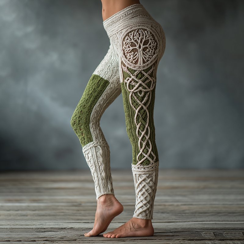 Vintage Viking Tree Of Life Celtic Knot Art Knit Jacquard Cozy Leggings - Image 2