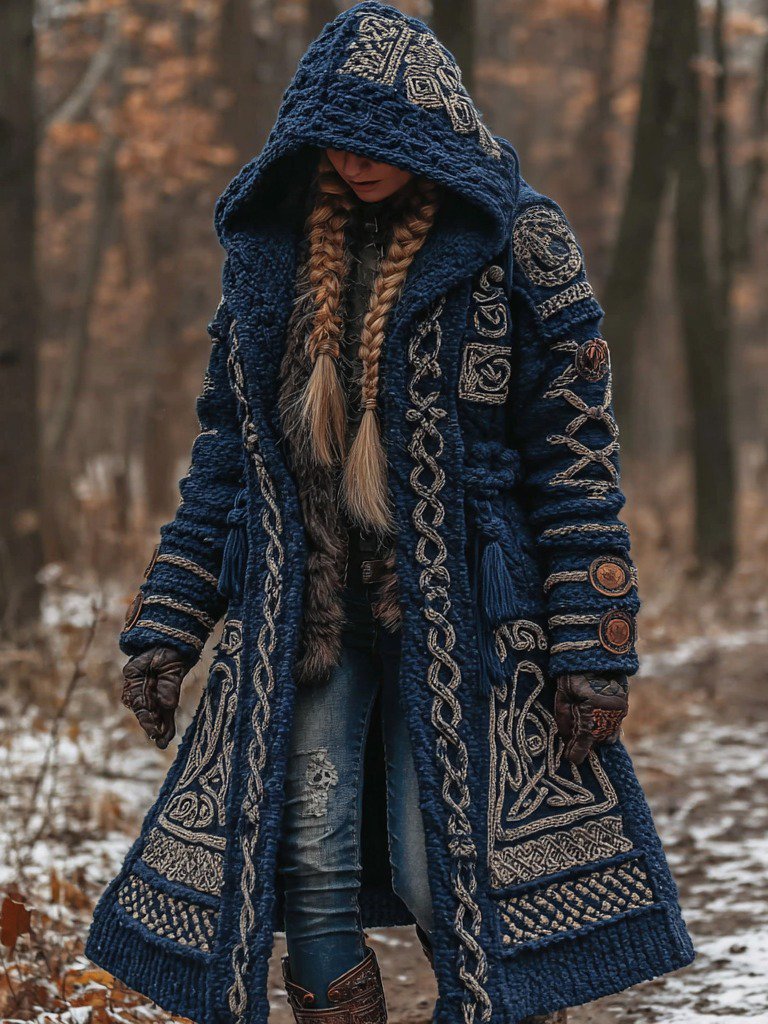 Women's Vintage Viking Celtic Knot Knit Long Sweater Jacket