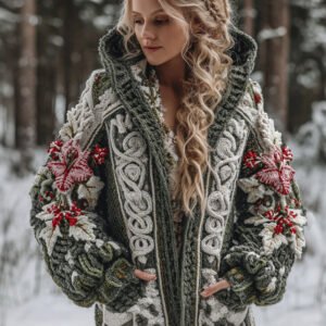 Women's Celtic Knot Christmas Flower Jacquard Button Chunky Hooded Sweater