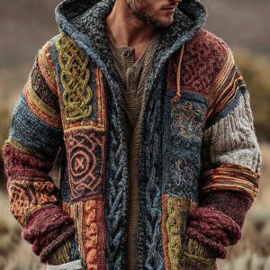 Viking Vintage Geometric Celtic Knot Art Men's Knit Hooded Cardigan