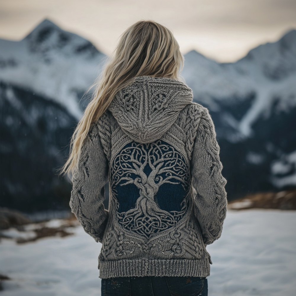 Viking Tree Of Life Pattern Celtic Knit Cozy Hooded Sweater - Image 2