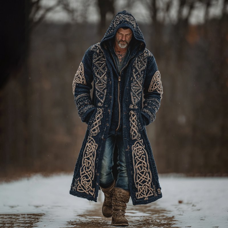 Men's Viking Celtic Knot Art Mid-length Chunky Knit Cardigan Sweater - Image 2