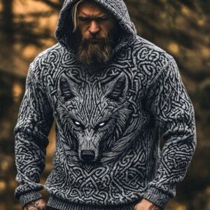 Men's Wolf Inspired Viking Celtic Jacquard Cozy Hooded Sweater