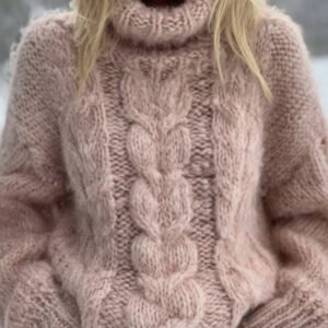 Women's Pink Cable Knit Warm Turtleneck Sweater