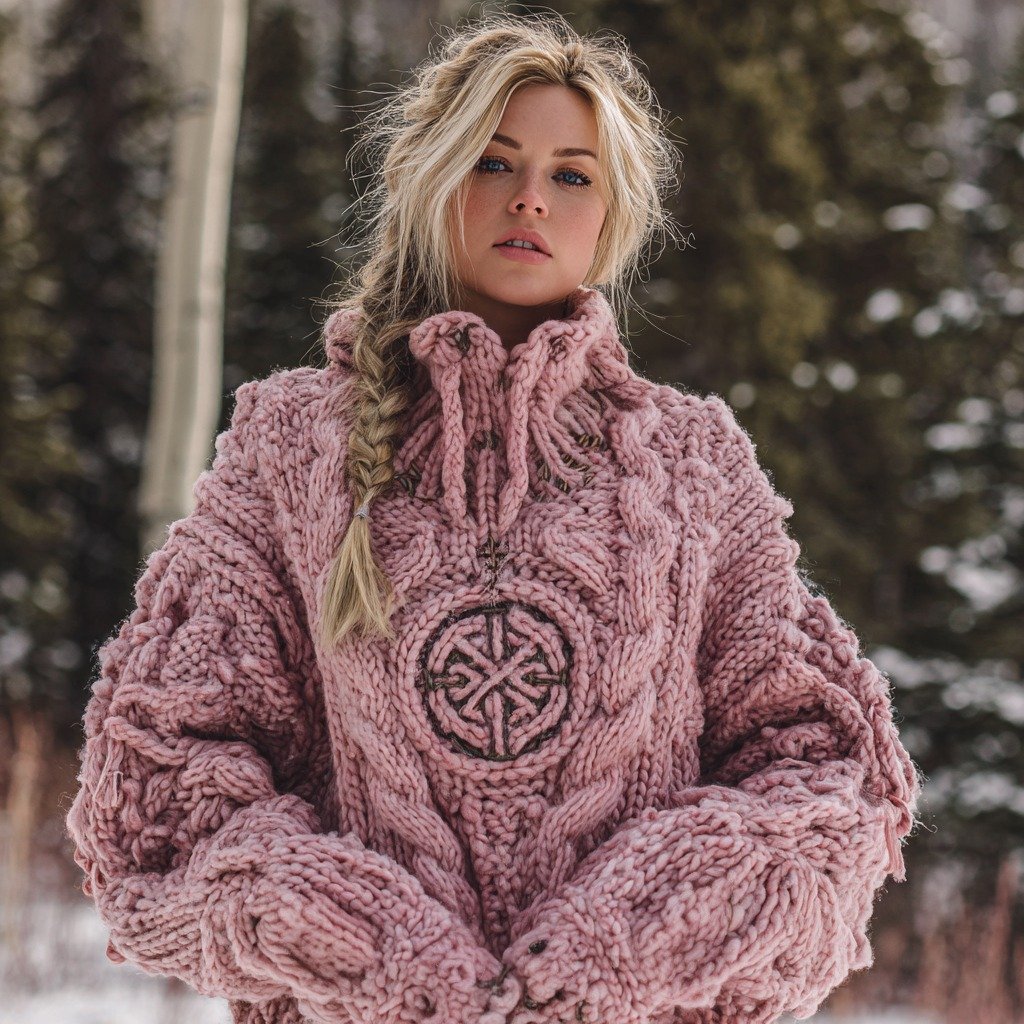 Women's Viking Celtic Knot Rune Knit Jacquard Warm Turtleneck Sweater - Image 2