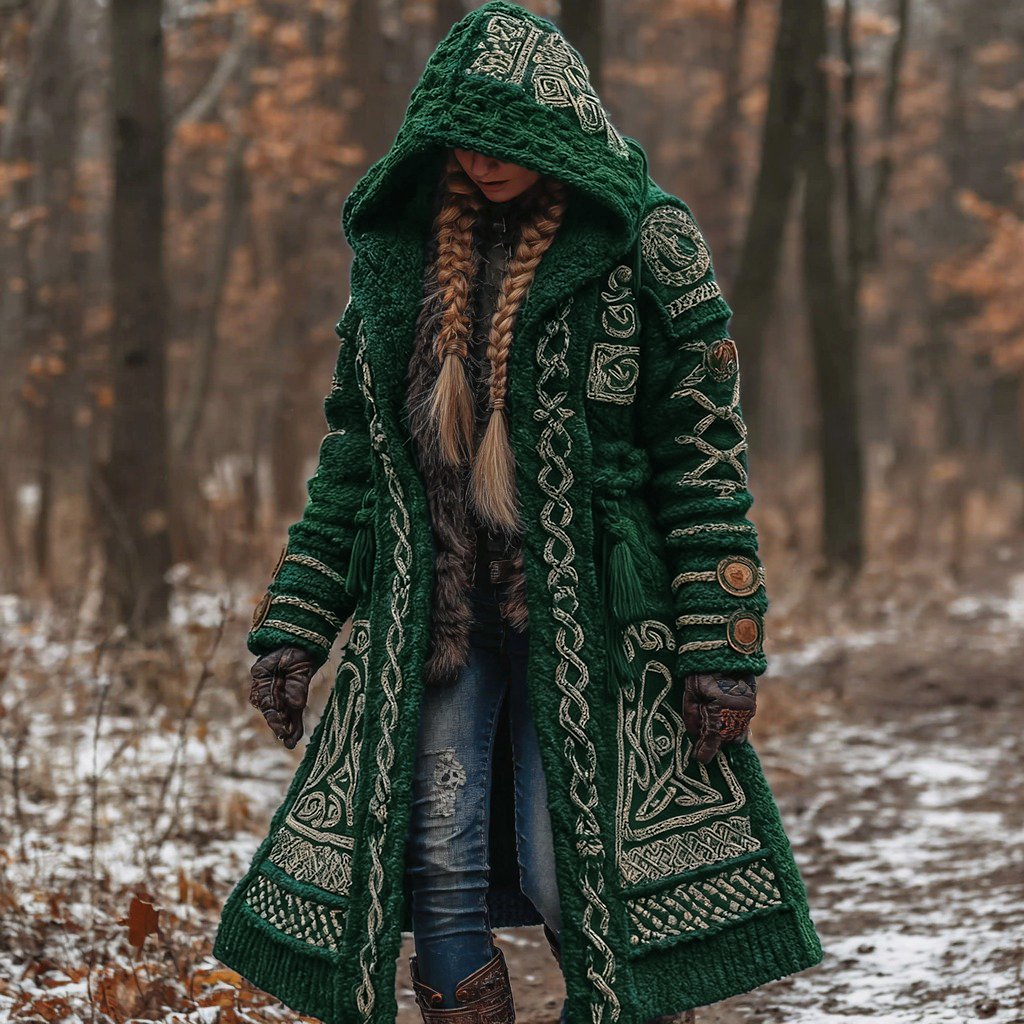 Women's Vintage Viking Celtic Knot Knit Long Sweater Jacket - Image 6