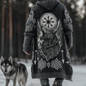Men's Viking Style Compass Wolf Head Sweater Cardigan