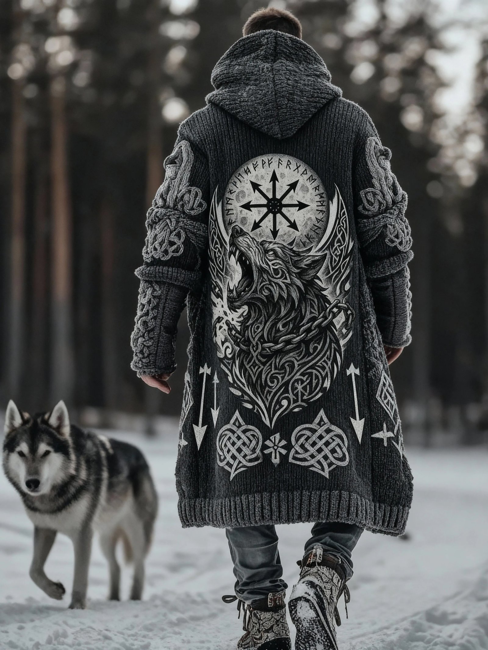 Men's Viking Style Compass Wolf Head Sweater Cardigan