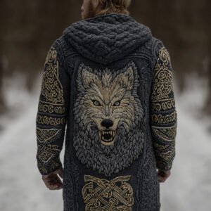 Men's Viking Style Celtic Knot Wolf Head Pocket Midi Cardigan