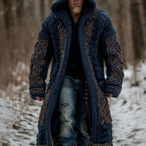 Men's Viking Celtic Knot Art Pocket Mid-length Cardigan Sweater