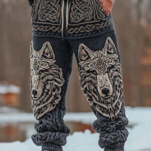 Men's Viking Wolf Celtic Knot Art Wide Leg Warm Knit Pants