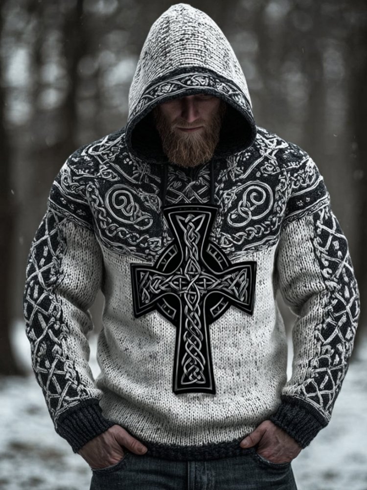 Men's Viking Style Mysterious Celtic Cross Hooded Sweater