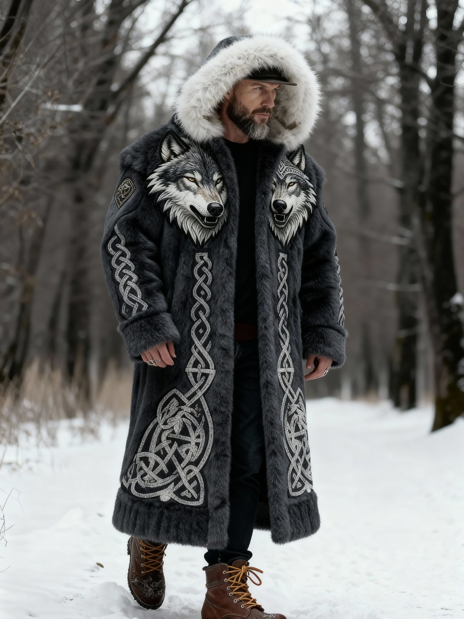 Men's Viking Wolf Fur Length Coat - Image 3